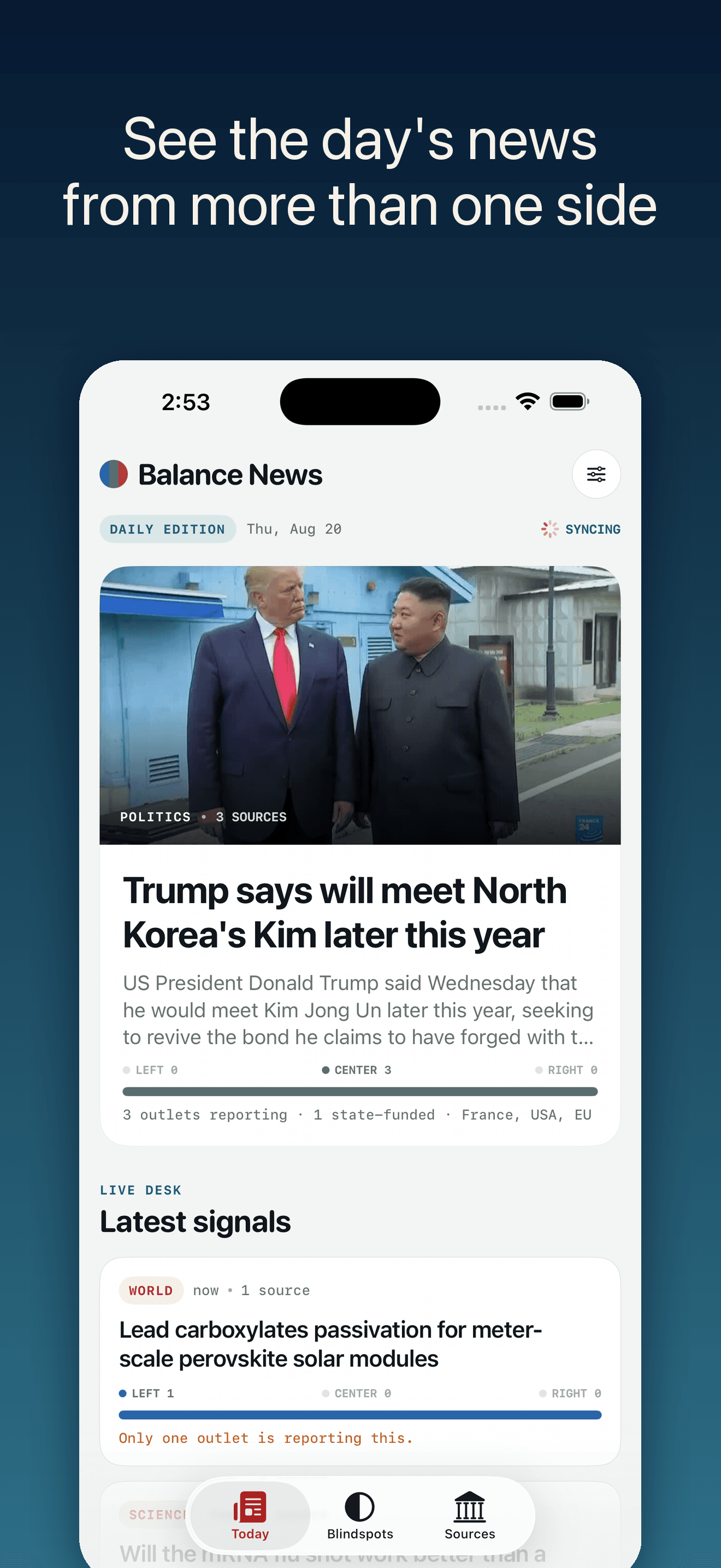 Balance News daily news screen showing clustered reporting and a coverage spectrum